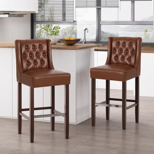 Tufted Leather Bar Stool with Wood Legs, Light Brown