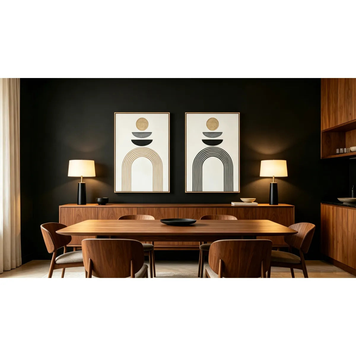 Set of 2 Framed Boho Abstract Wall Art, Antique Black & Beige Textured Canvas