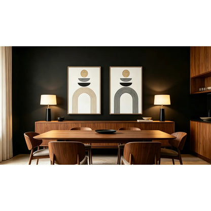 Set of 2 Framed Boho Abstract Wall Art, Antique Black & Beige Textured Canvas