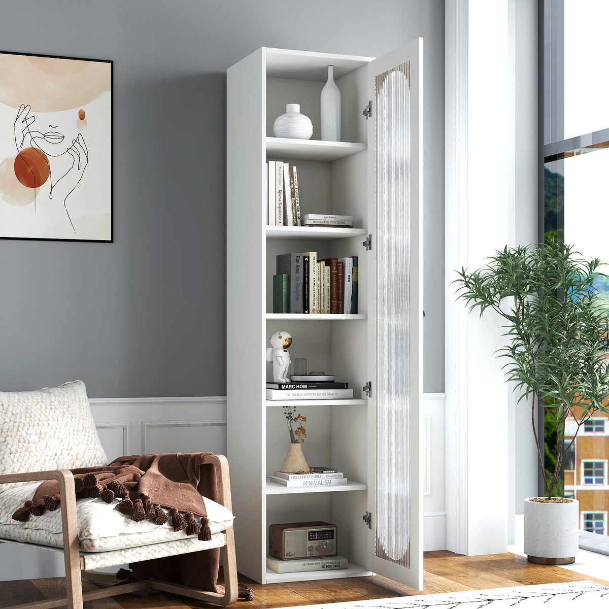 Tall glass-door display cabinet and bookshelf
