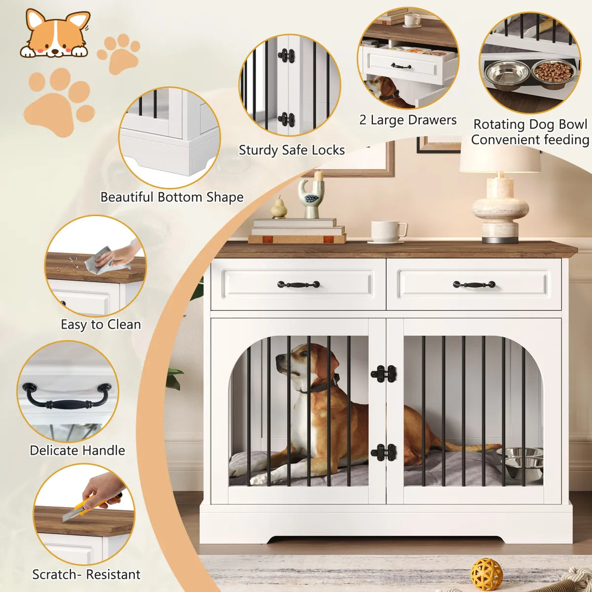 Farmhouse Dog Crate Furniture with Storage Drawers, White Brown