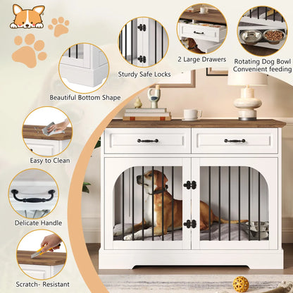 Farmhouse Dog Crate Furniture with Storage Drawers, White Brown