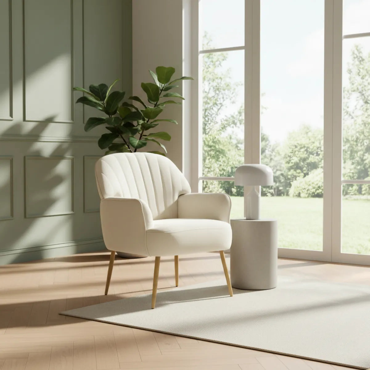 Velvet Accent Chair – Shell-Shaped Barrel Armchair with Metal Legs, Beige