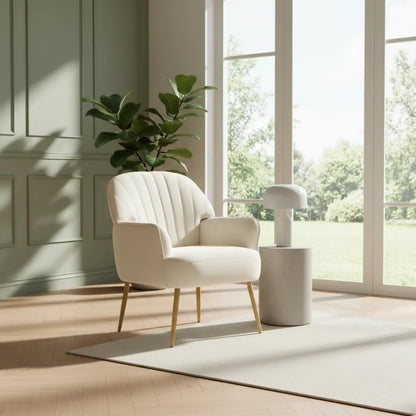 Velvet Accent Chair – Shell-Shaped Barrel Armchair with Metal Legs, Beige
