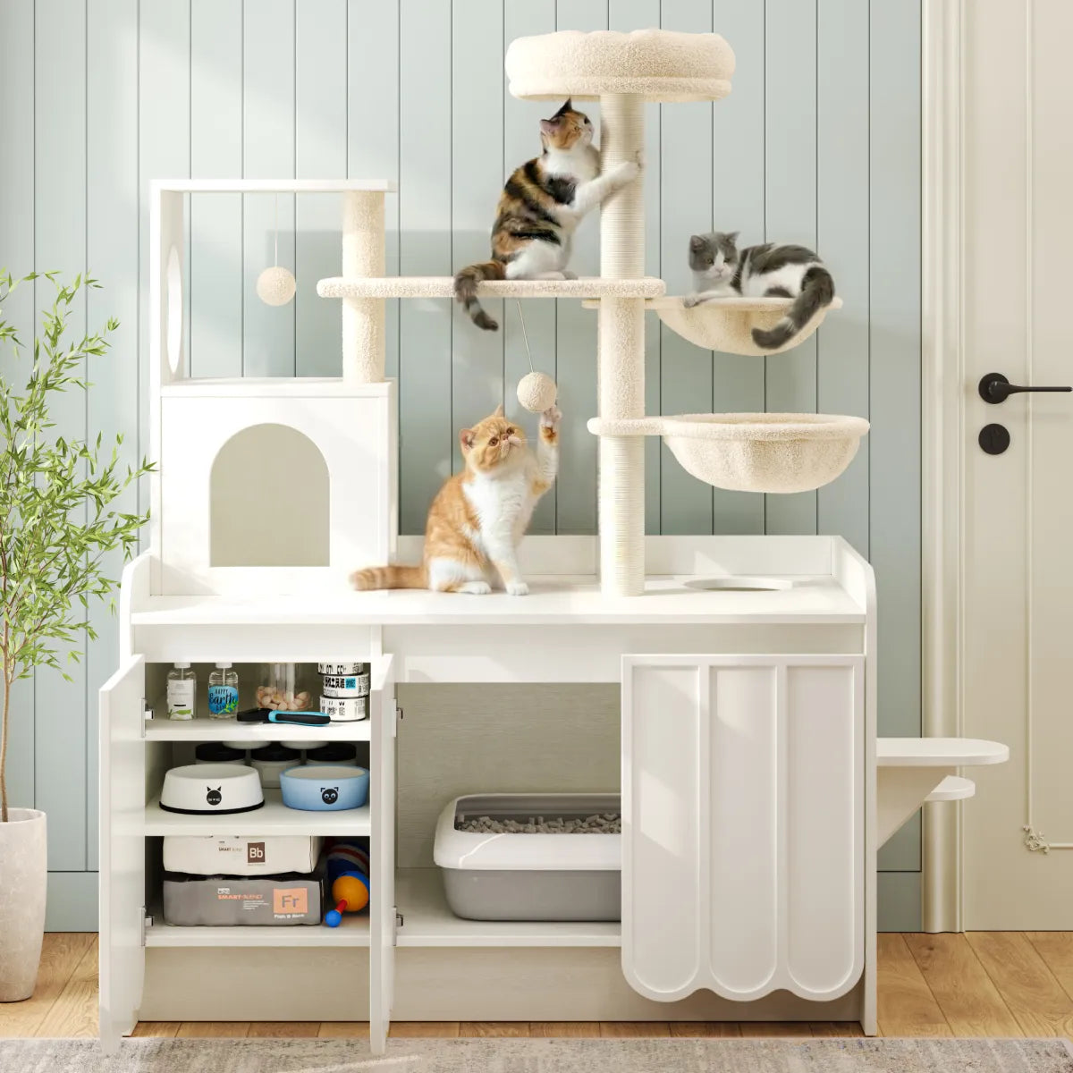 Cat Tree with Litter Box Enclosure, White