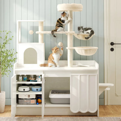 Cat Tree with Litter Box Enclosure, White