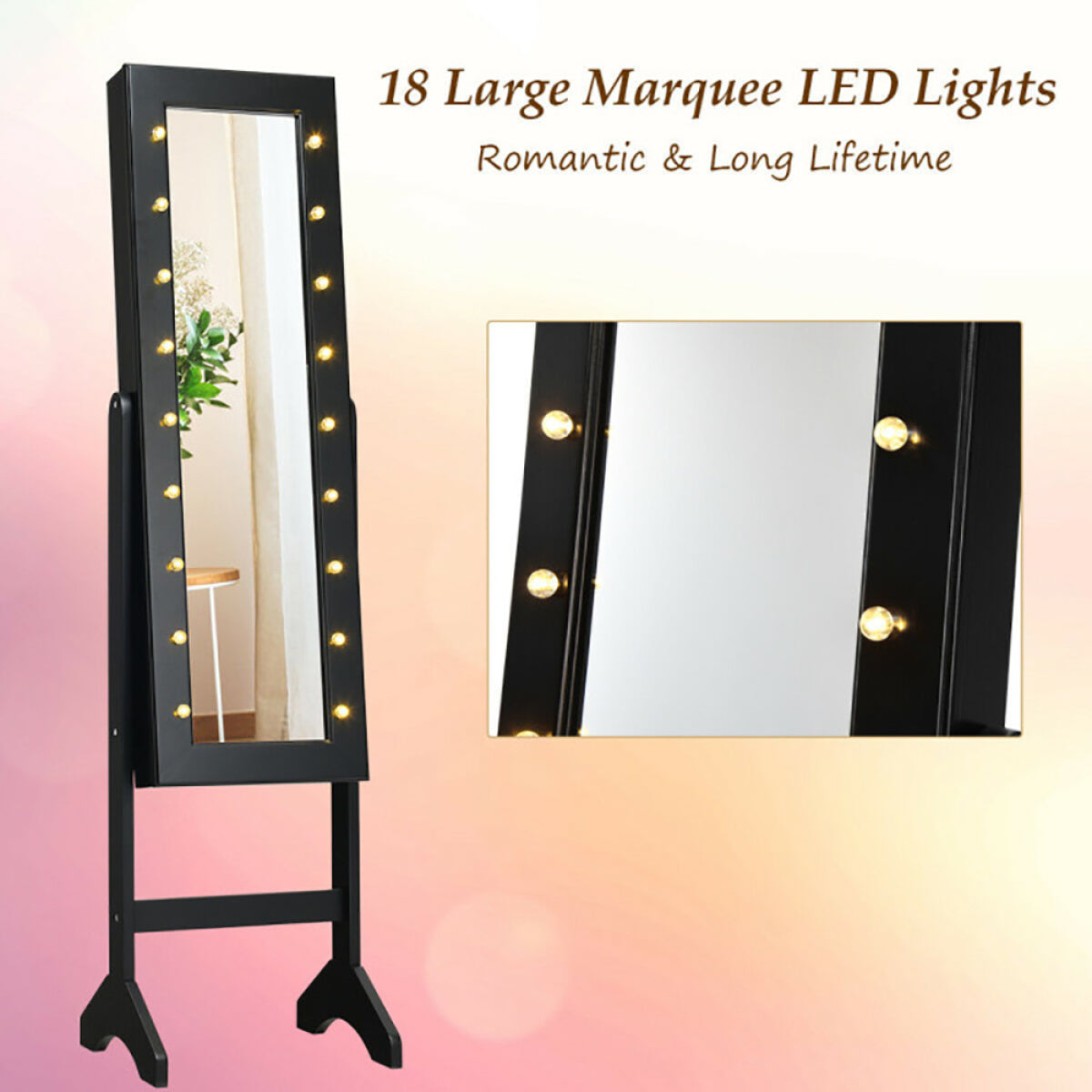 Mirrored Standing Jewelry Armoire – LED Lights, Bedroom Storage – view 8