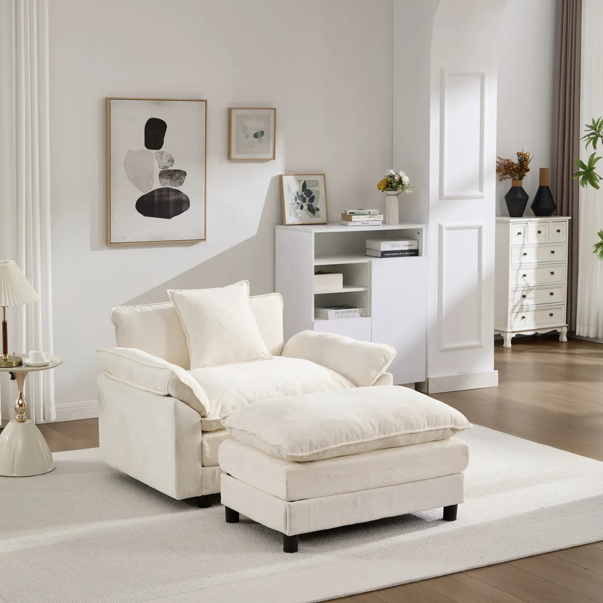 Chenille Club Chair with Ottoman, Beige