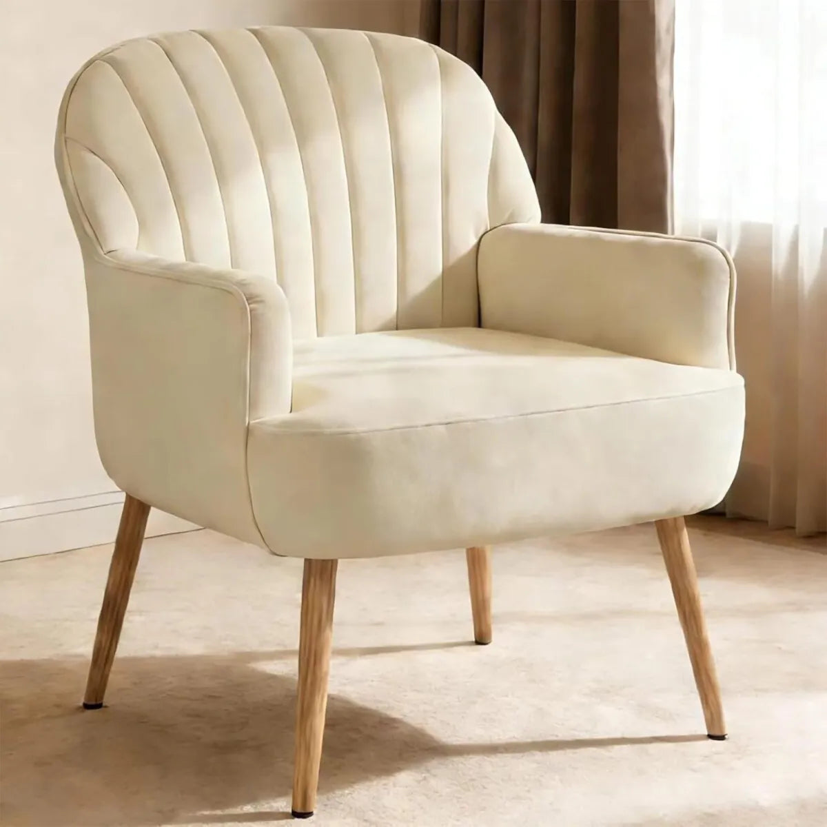 Velvet Accent Chair – Shell-Shaped Barrel Armchair with Metal Legs, Beige