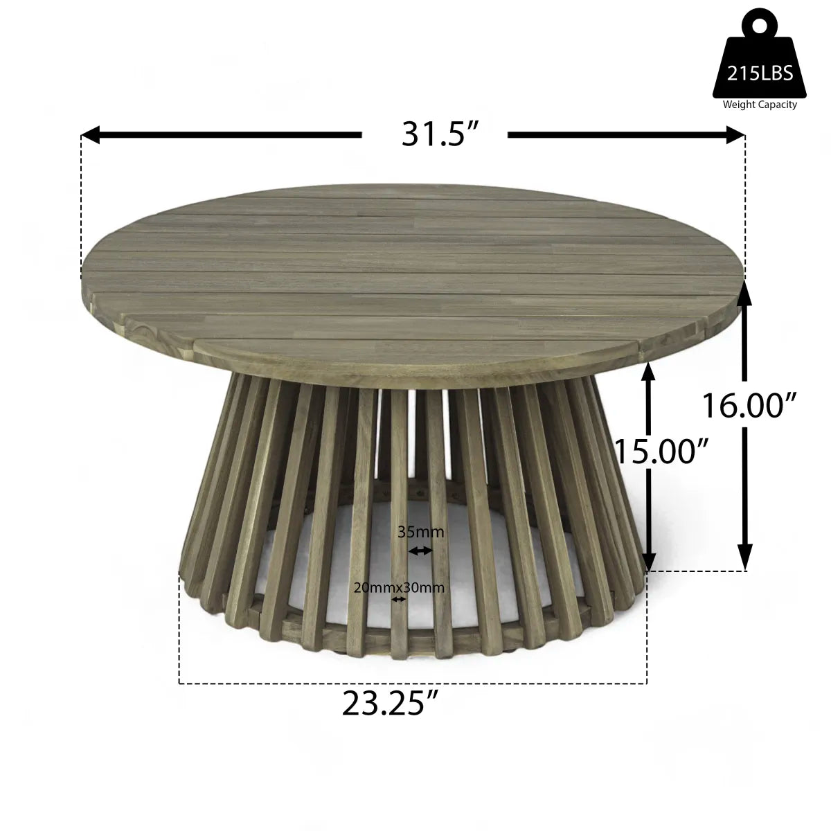 Round Acacia Wood Outdoor Coffee Table, Grey Finish