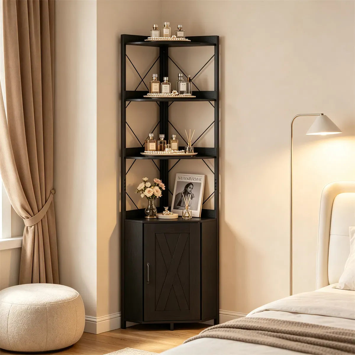 Corner Display Bookcase with Concealed Cabinet, Black – view 8
