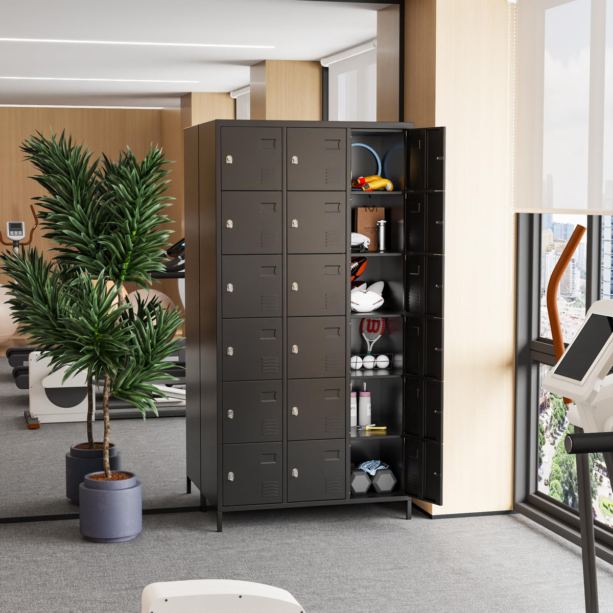 18-door metal employee locker, black