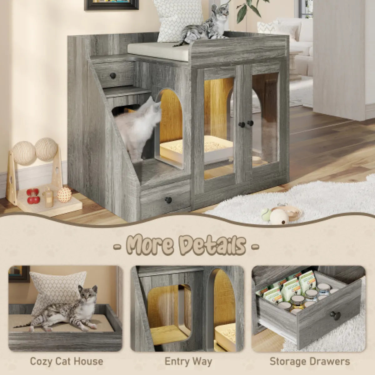 Hidden Cat Litter Box Furniture – Enclosure Cabinet with Light & 2 Storage Drawers
