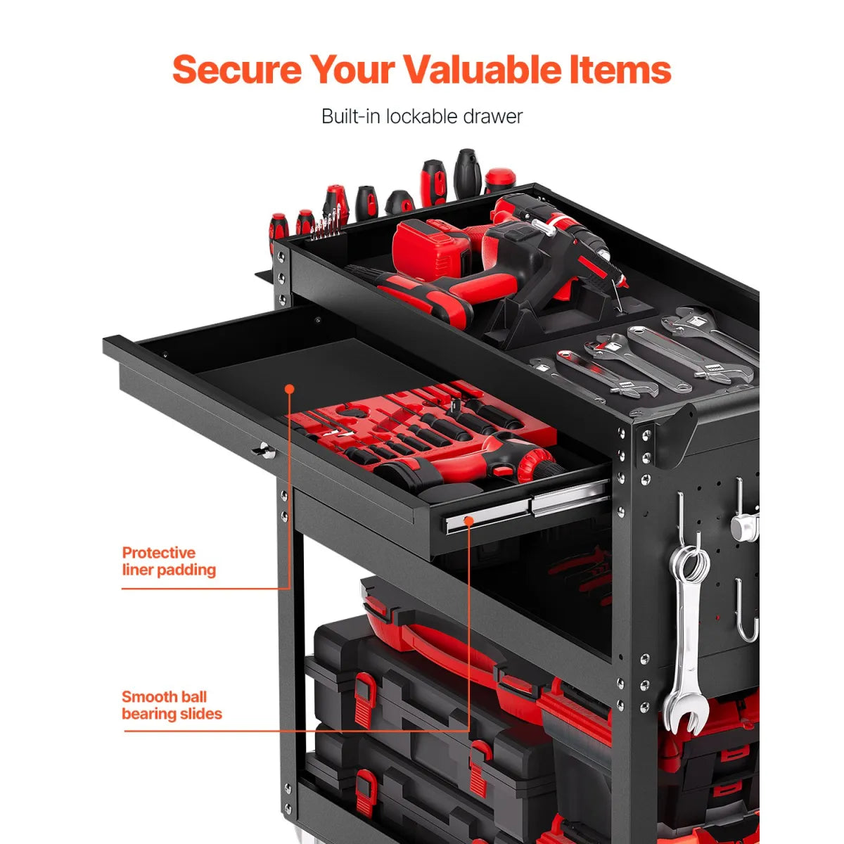 4-Tier Rolling Tool Cart with Drawer and Pegboard, Black