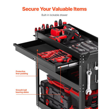4-Tier Rolling Tool Cart with Drawer and Pegboard, Black