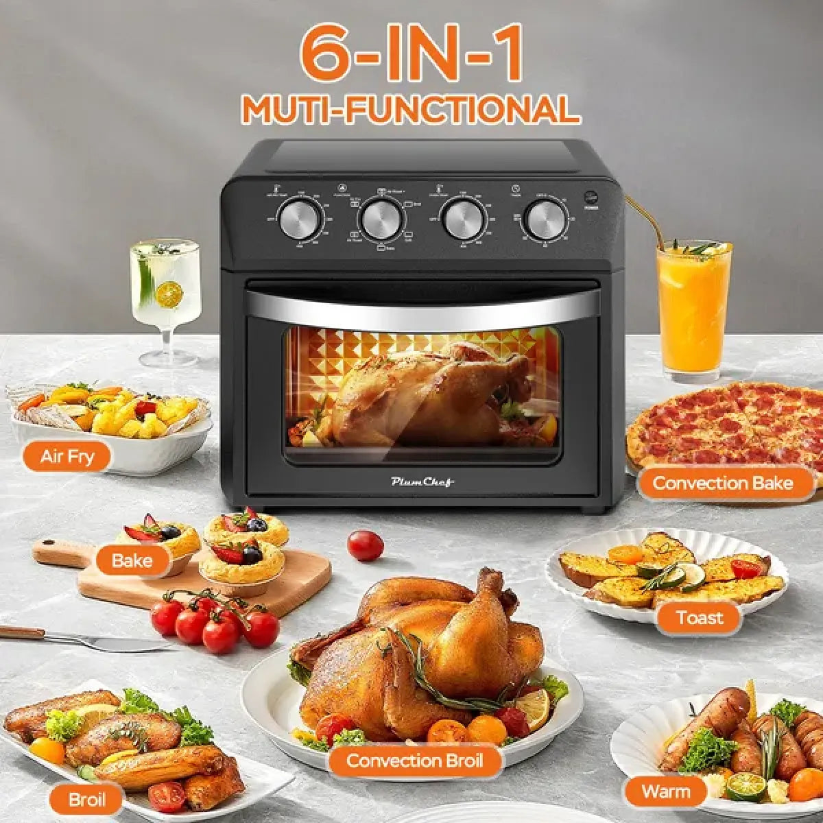27.5QT 6-in-1 Air Fryer Toaster Oven – Dropdown-Door Convection Oven