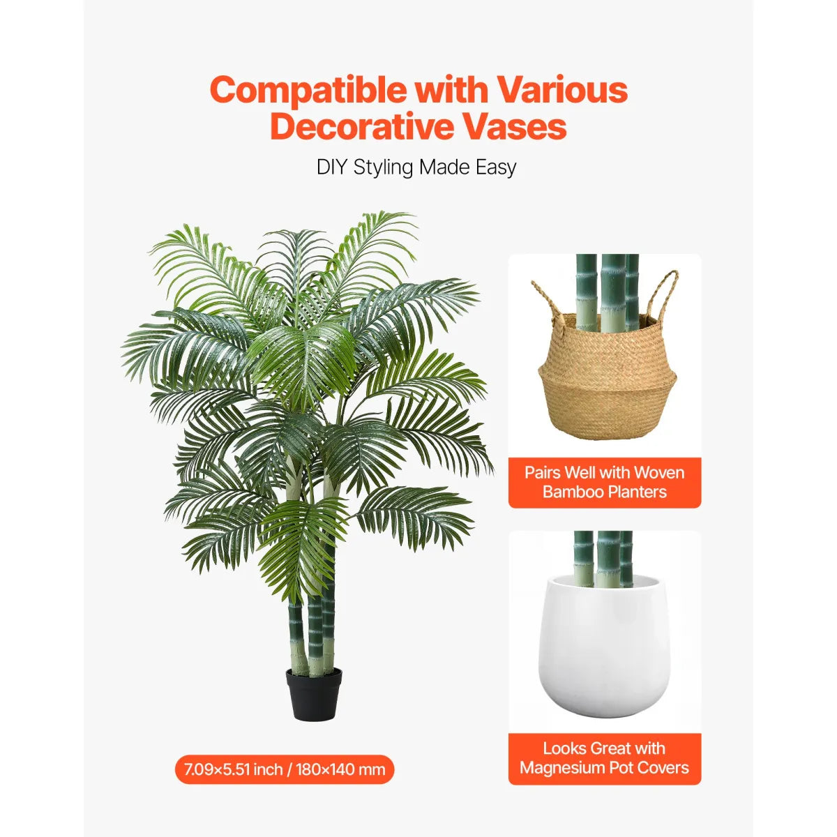 6 Ft Artificial Areca Palm Tree with White Planter, Faux Plant for Indoor Decor