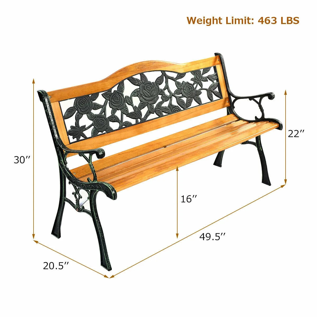 Wooden Garden Loveseat Bench with Iron Armrests