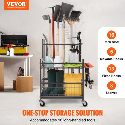 16-Slot Rolling Garden Tool Organizer Rack, Black
