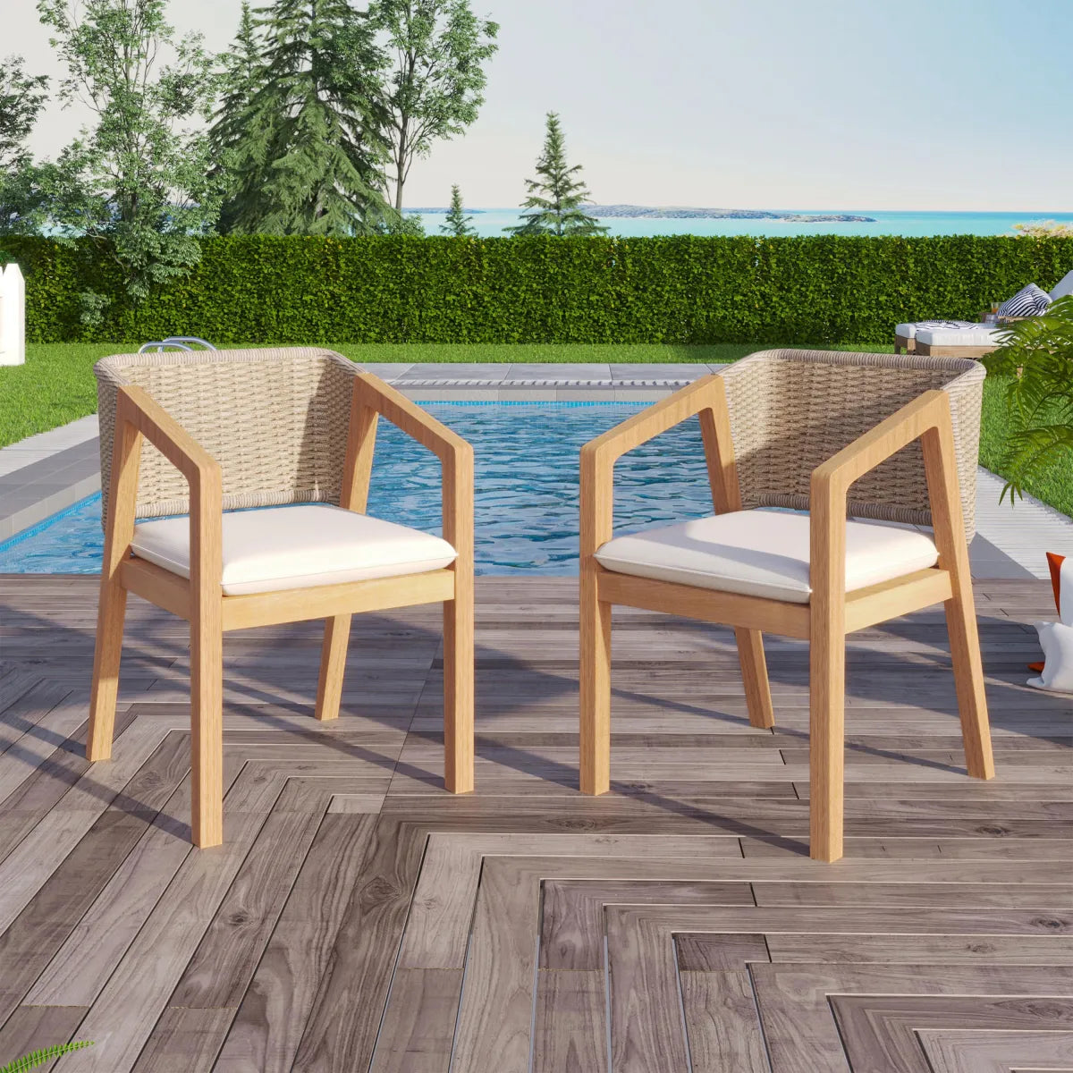 Rattan Wicker Patio Dining Chairs with Cushions, Set of 2, Light Teak