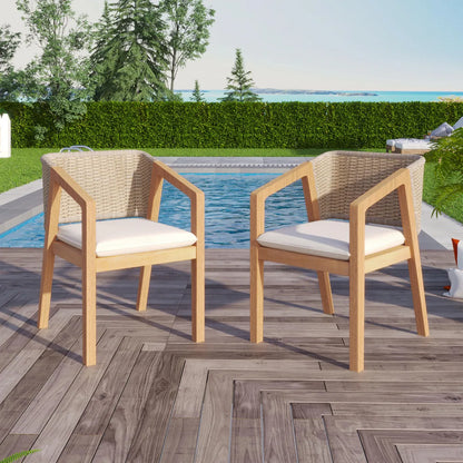 Rattan Wicker Patio Dining Chairs with Cushions, Set of 2, Light Teak