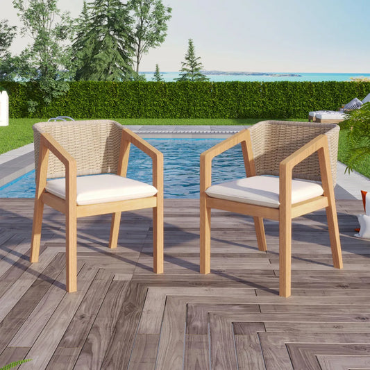 Rattan Wicker Patio Dining Chairs with Cushions, Set of 2, Light Teak