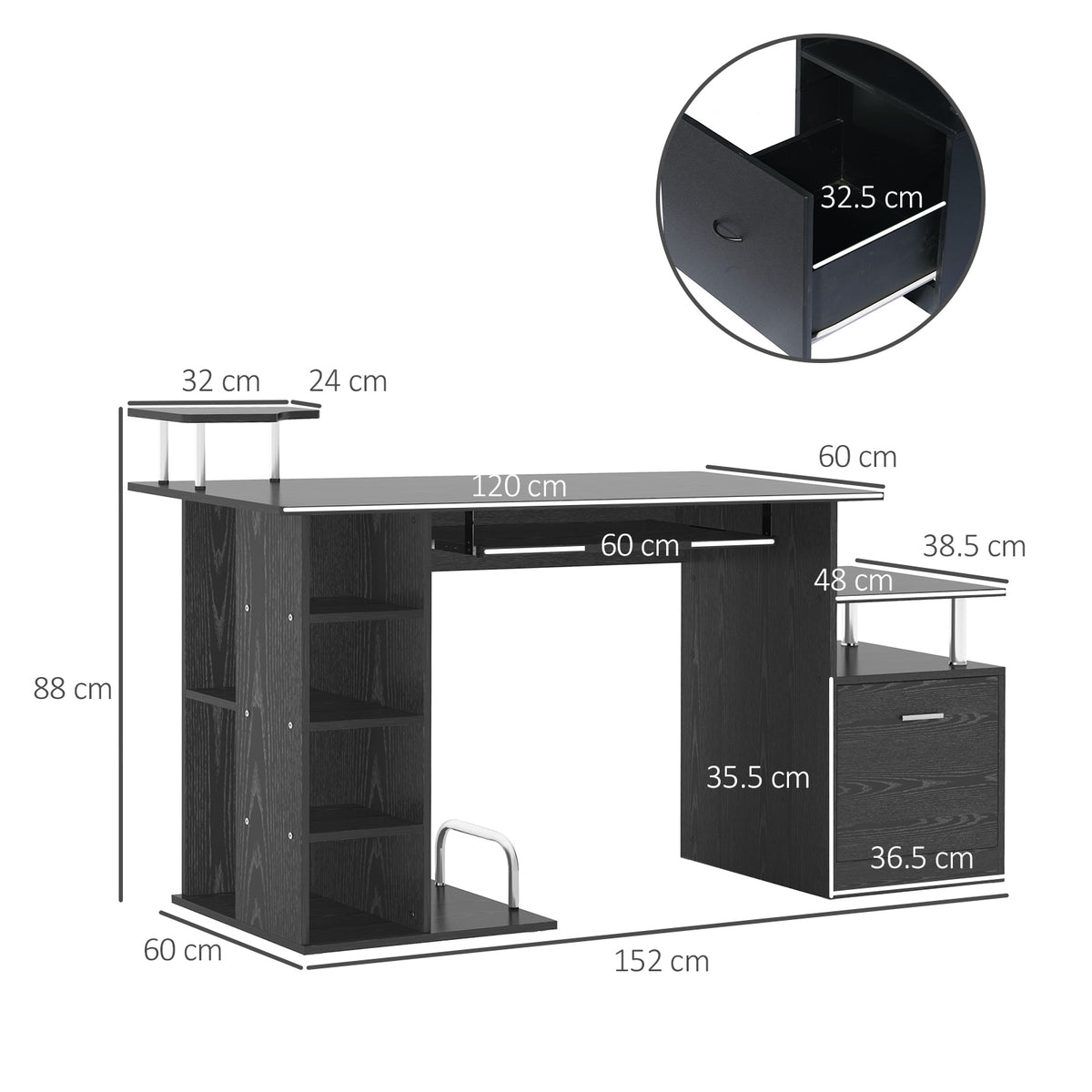 PC workstation desk with CPU and printer storage