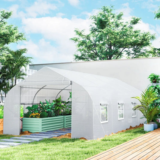 Large Walk-In Tunnel Greenhouse with Roll-Up Door, White