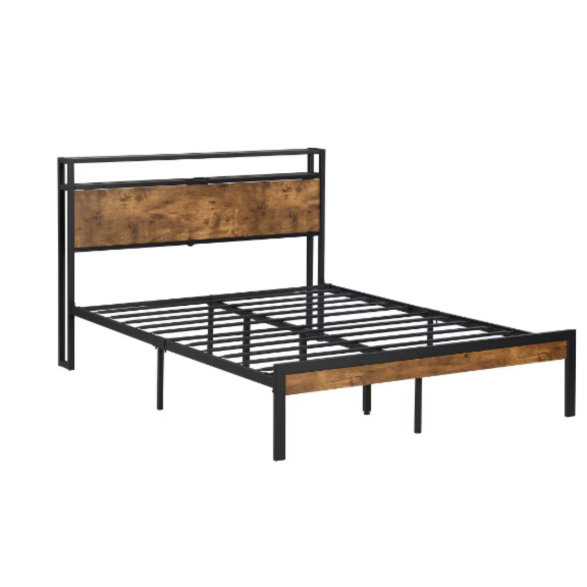 Queen Metal Platform Bed Frame – Wood Headboard & Footboard with USB Port, Black+Brown Bedroom – view 2