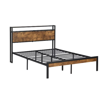 Queen Metal Platform Bed Frame – Wood Headboard & Footboard with USB Port, Black+Brown Bedroom – view 2