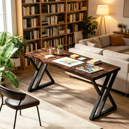 Industrial writing desk with Z-shaped legs, rustic wood and black
