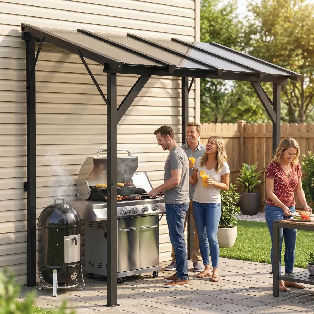 Hardtop Grill Gazebo, Lean-To BBQ Shelter with Polycarbonate Roof