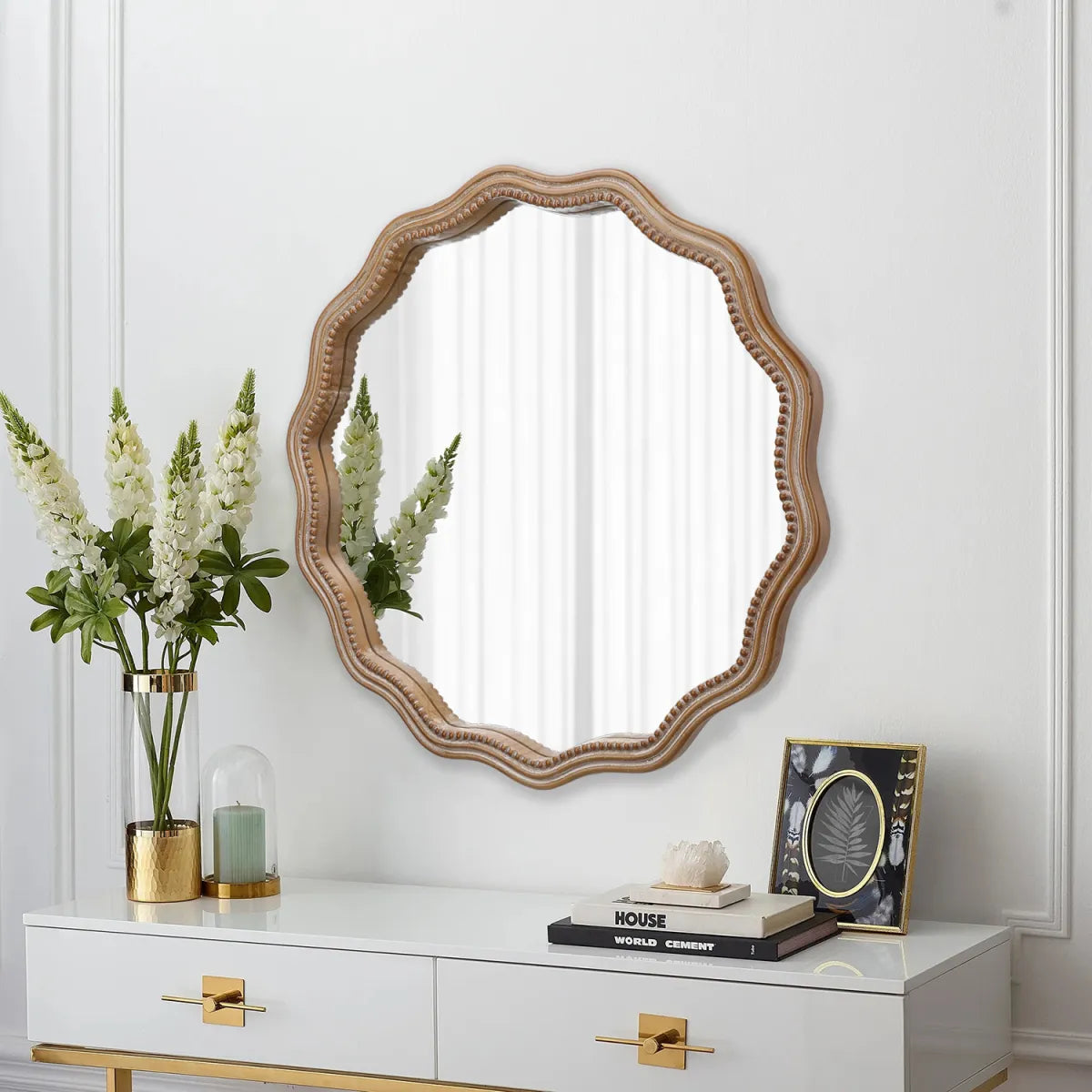 Scalloped Wood Frame Round Wall Mirror, Antique Natural