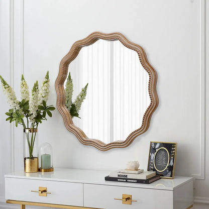 Scalloped Wood Frame Round Wall Mirror, Antique Natural