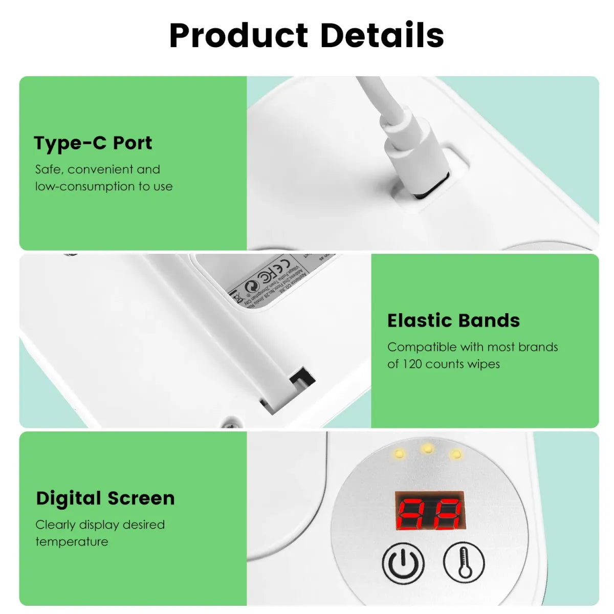 Baby Wipe Warmer – 3 Temperature Settings, USB-C Powered Wipe Dispenser
