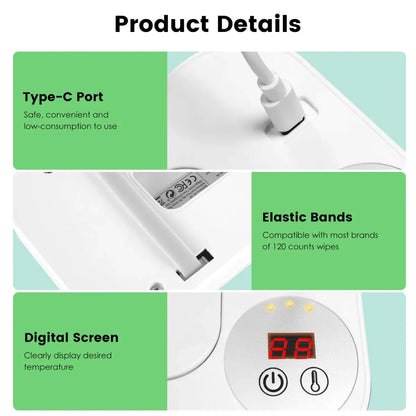 Baby Wipe Warmer – 3 Temperature Settings, USB-C Powered Wipe Dispenser