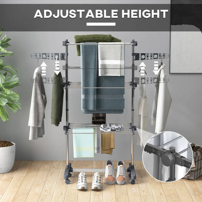 3-Tier Foldable Stainless Steel Clothes Drying Rack with Side Wings and Castors, Grey