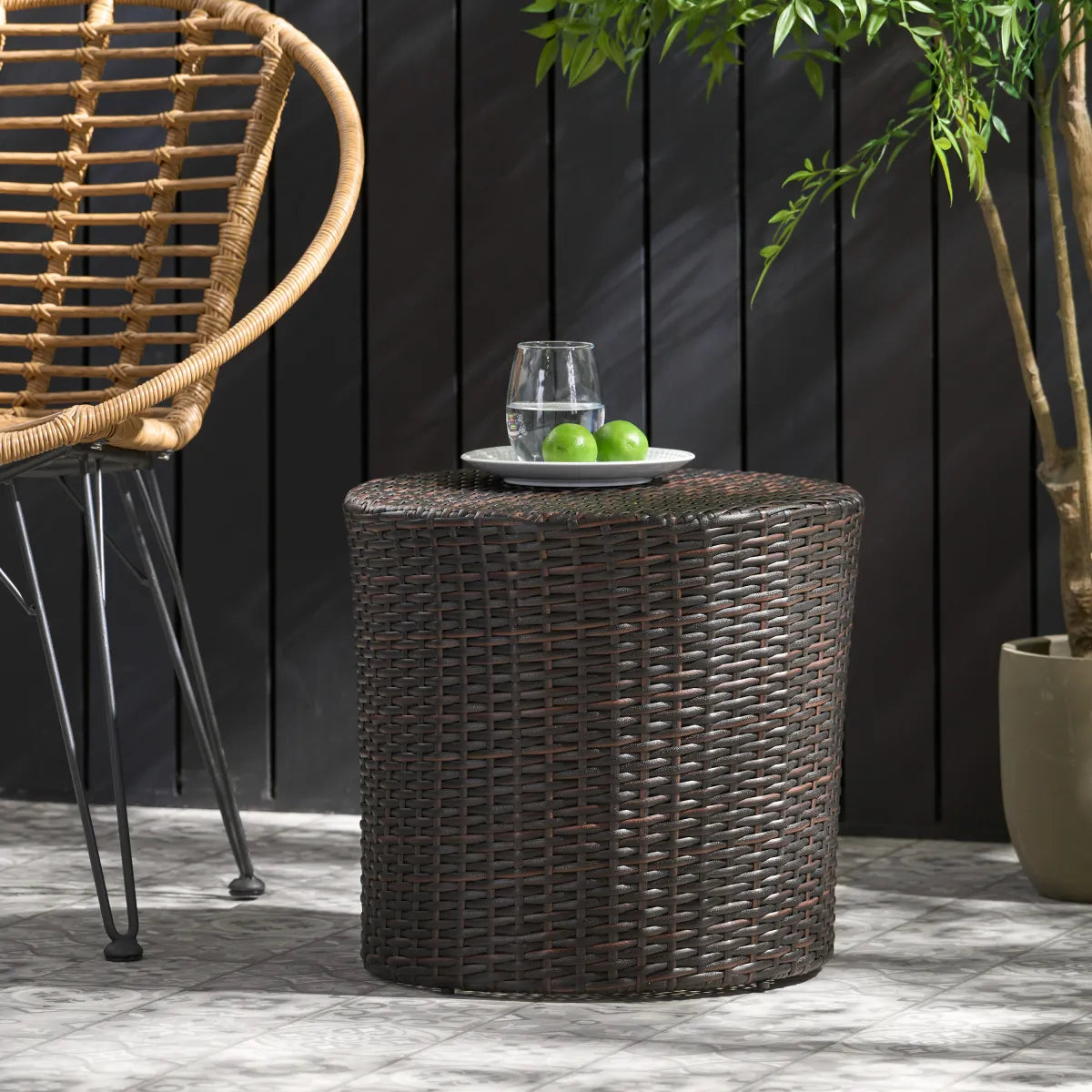 Barrel-Style Outdoor Wicker End Table, Round