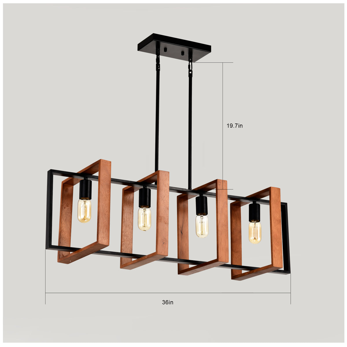 4-light farmhouse rectangular pendant, wood and black
