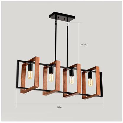 4-light farmhouse rectangular pendant, wood and black
