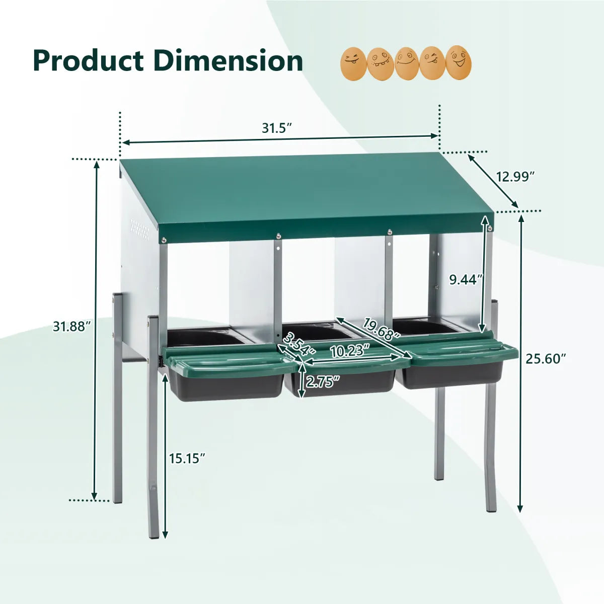 3-Hole Freestanding Chicken Nesting Box with Lid, Green