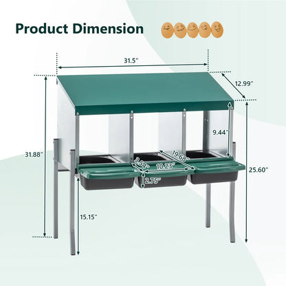 3-Hole Freestanding Chicken Nesting Box with Lid, Green