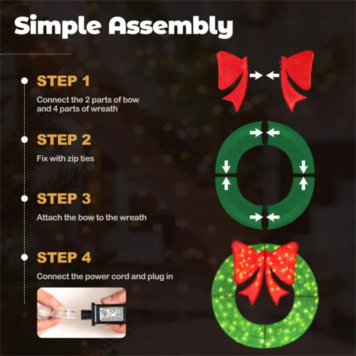 Pre-Lit Christmas Wreath with 200 LED Lights and Bow
