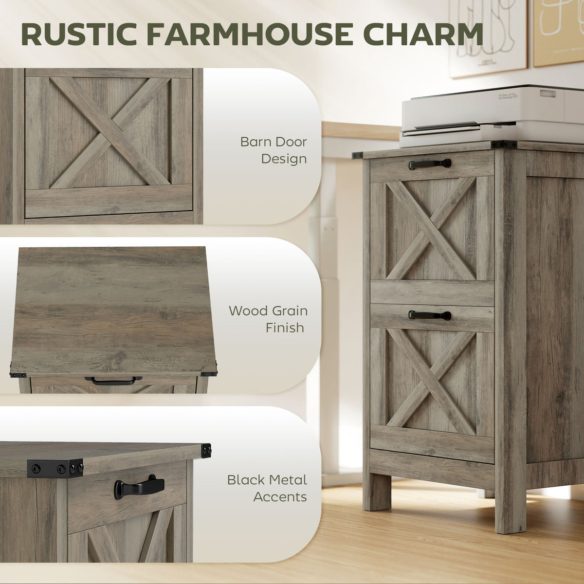Rustic farmhouse 2-drawer file cabinet, distressed gray