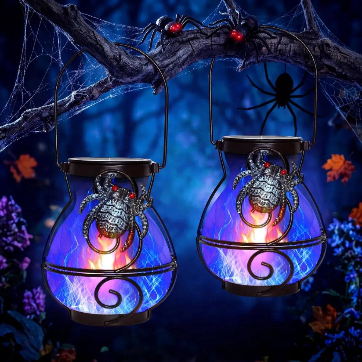 Halloween Solar Spider Lanterns, Set of 2, Flickering Flame