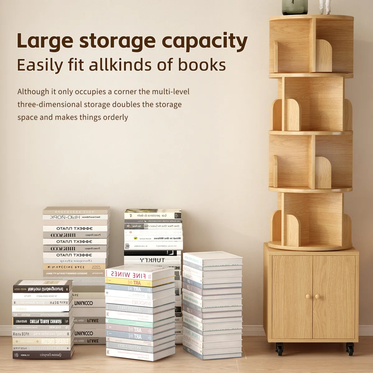 Rotating Corner Bookshelf – 5-Tier With Drawer, Natural Wood Floor-Standing Bookcase – view 5