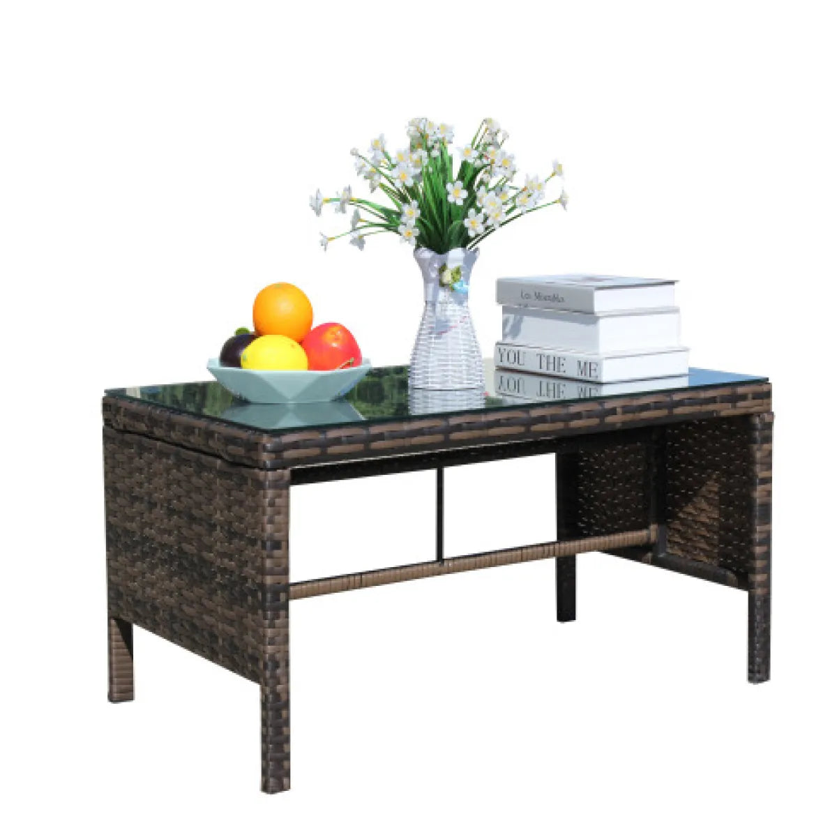 Outdoor Wicker Coffee Table with Clear Tempered Glass Top