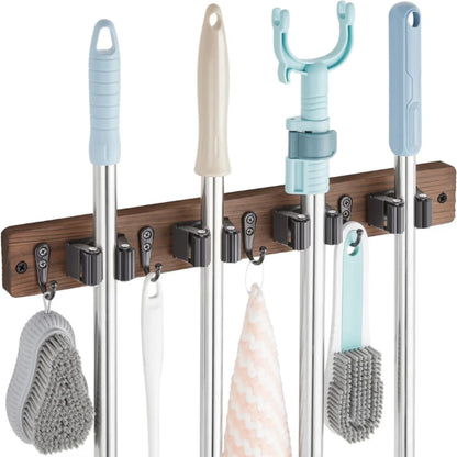 Rustic Wood Wall-Mounted Mop and Broom Holder with 4 Slots and 4 Hooks