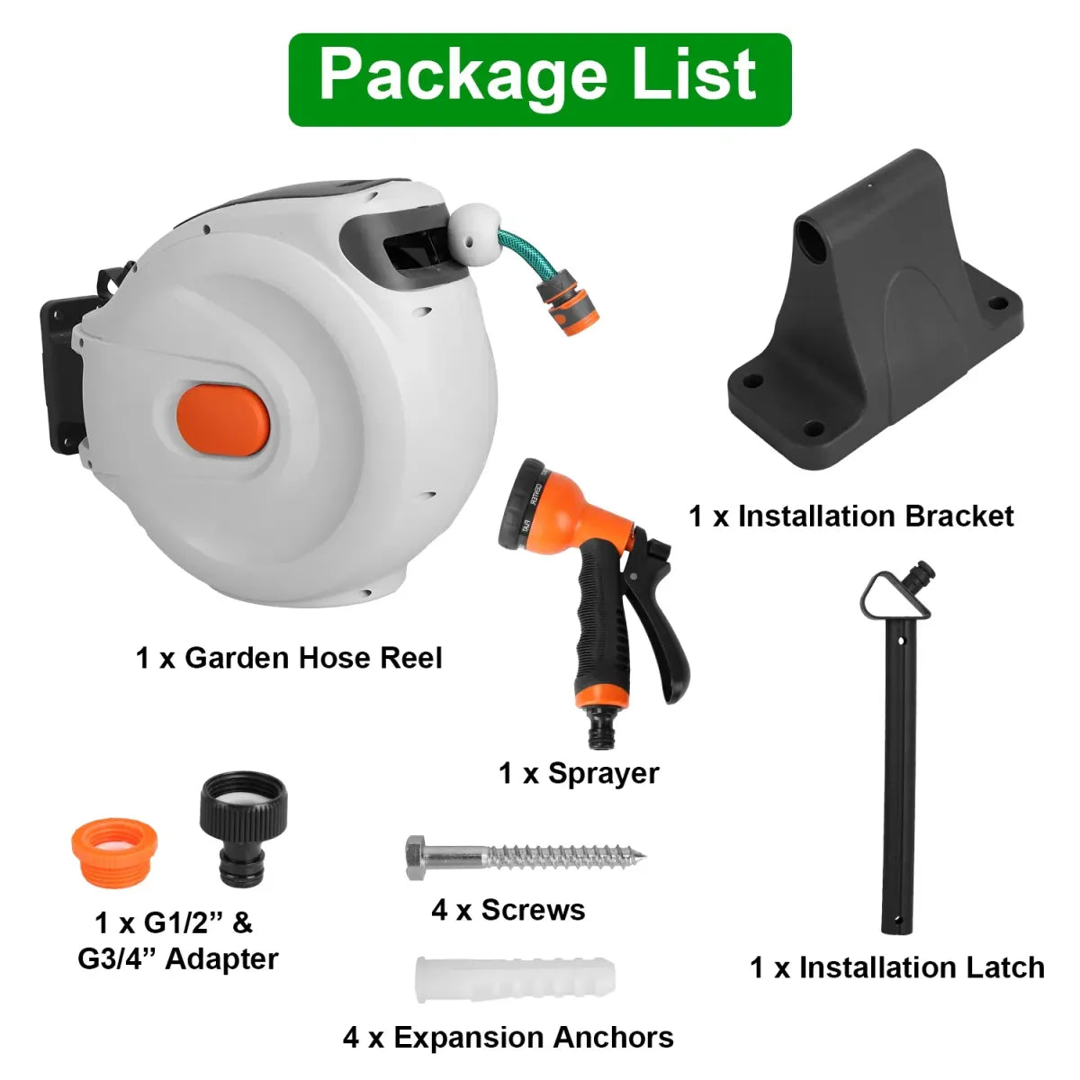 Retractable Wall-Mounted Garden Hose Reel – Auto Lock with 8 Spray Patterns