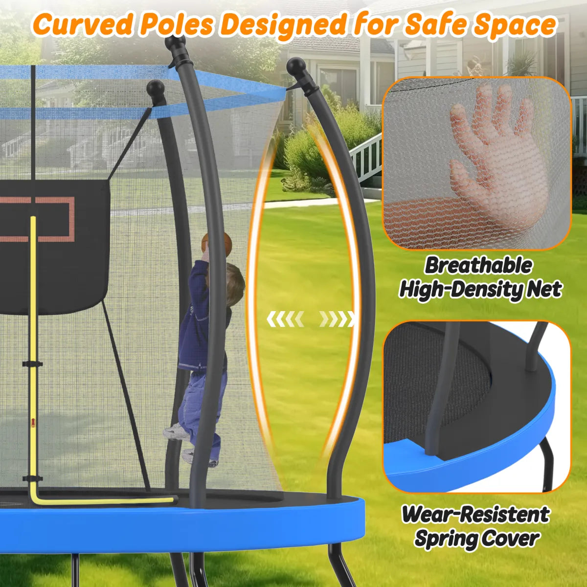 Outdoor Trampoline with Basketball Hoop, Safety Enclosure Net and Ladder for Kids, Blue